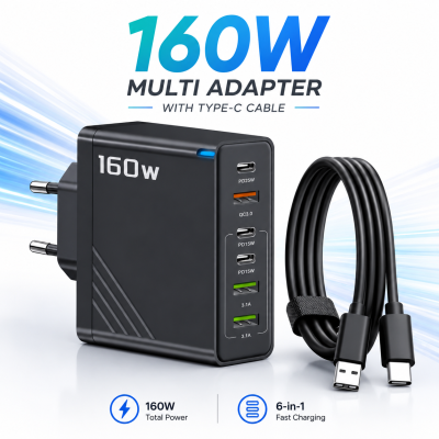 160W Super Fast Multi-Port GaN Charger with 6-in-1 Power Delivery & Type-C Cable